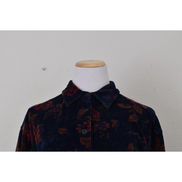 Vintage 80s Cotton/Poly Dark Navy‎ Floral Print Blouse | size Large - Picture 4 of 10